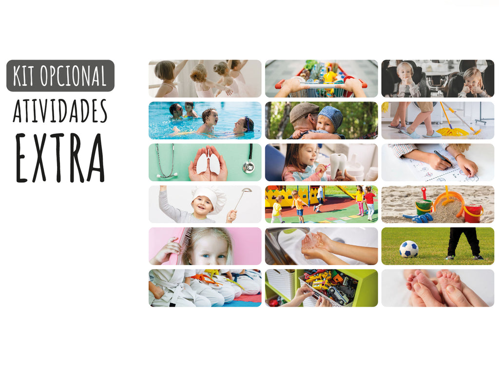 Kit de Atividades Extra Gotu: conjunto de cartões magnéticos com ícones de rotinas como Ballet, Piscina e Dentista, para complementar o Quadro de Rotinas.
