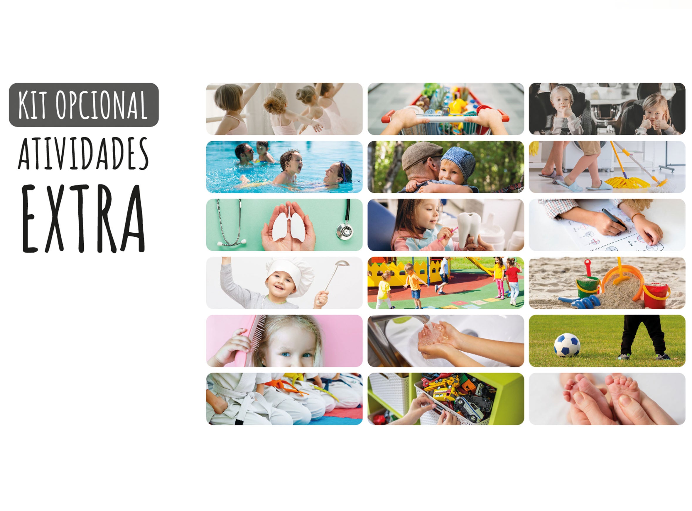 Kit de Atividades Extra Gotu: conjunto de cartões magnéticos com ícones de rotinas como Ballet, Piscina e Dentista, para complementar o Quadro de Rotinas.