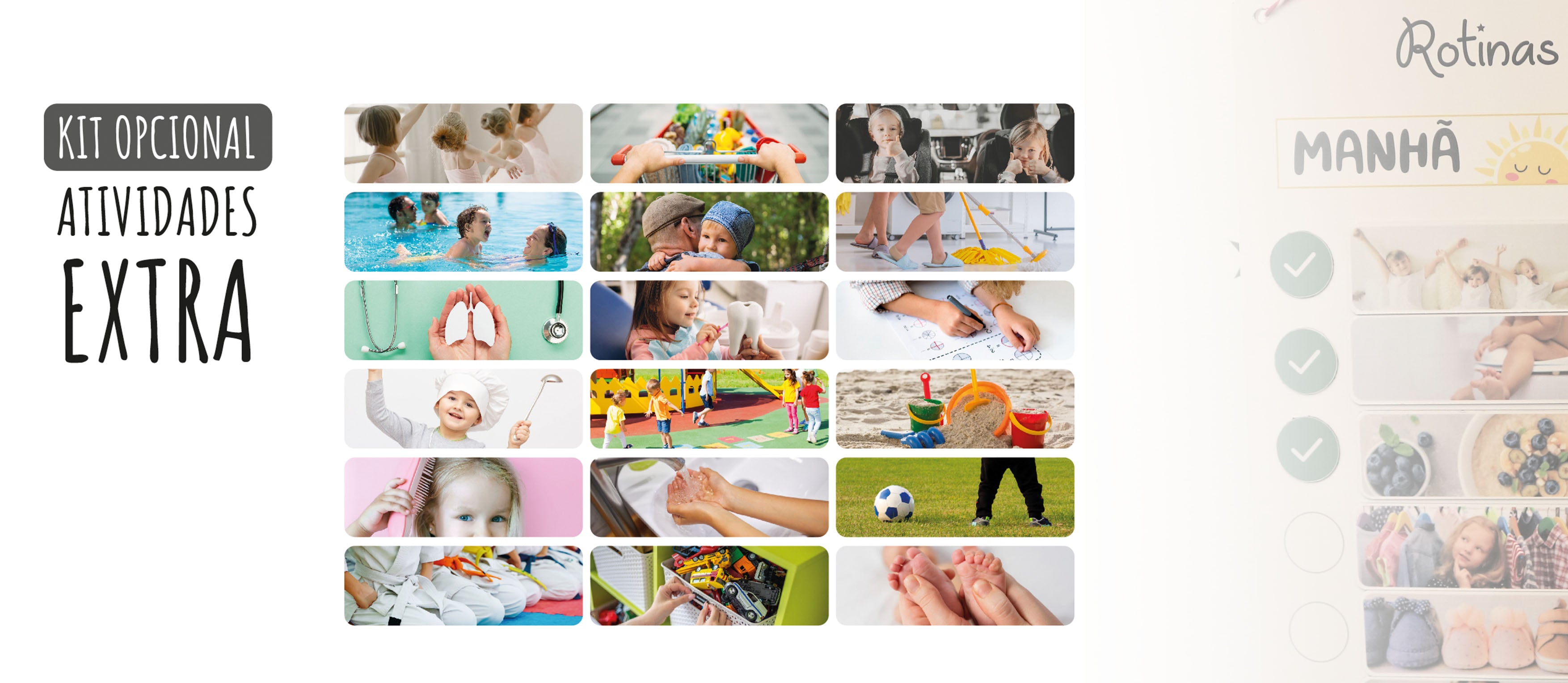 Detalhe dos cartões magnéticos de atividades extra Gotu, mostrando exemplos como 'Alimentar o Cão', 'Limpeza' e 'Visitar Avós' em fundo branco.