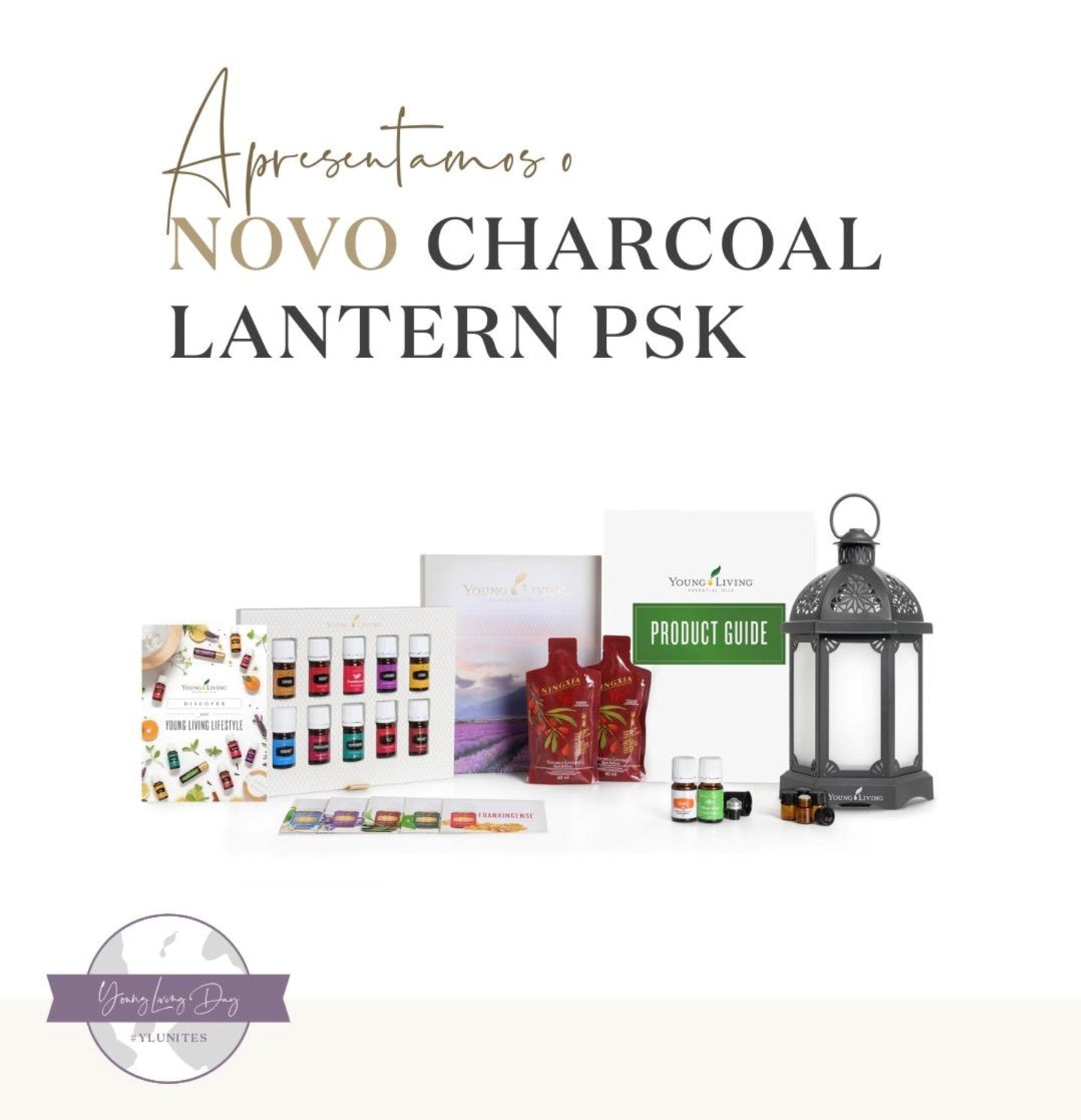 Kit Inicial Young Living com Difusor Lantern Charcoal e 12 óleos essenciais num fundo branco.