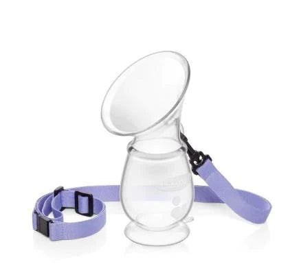 Coletor de Leite Materno Lansinoh em silicone, transparente, com alça de pescoço e base de sucção, pronto a usar.