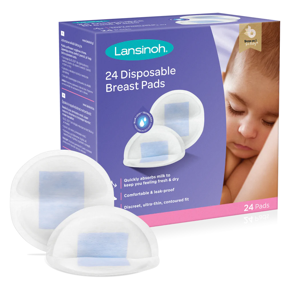 Close-up de um Disco de Amamentação Lansinoh aberto, destacando a textura macia e o núcleo absorvente Blue Lock.