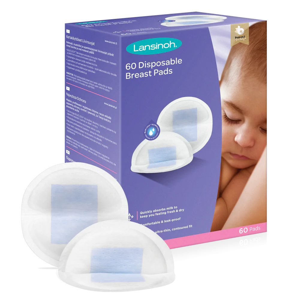 Embalagem de 60 Discos de Amamentação Lansinoh com o novo núcleo Blue Lock, mostrando o design branco e roxo.