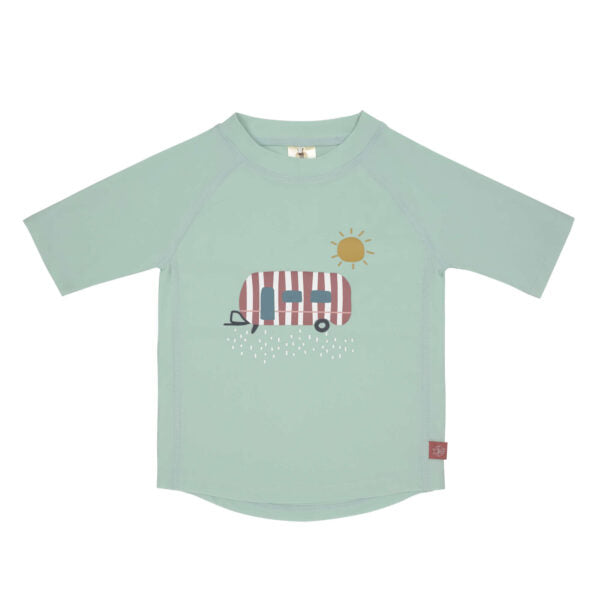 Camisola de natação UV Lassig para bebé (3-6 meses) com padrão azul e branco, manga curta, vista frontal.