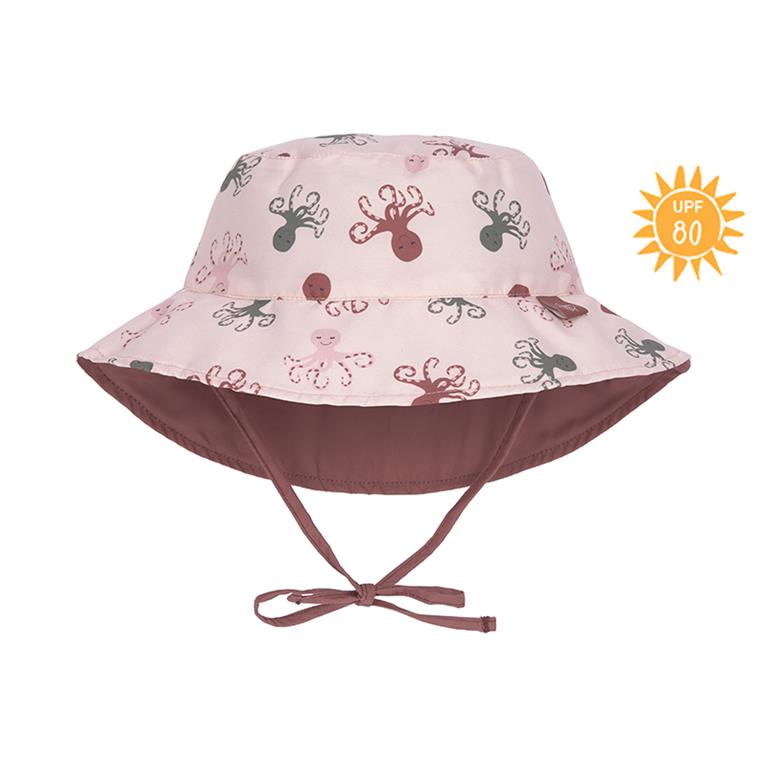 Chapéu panamá solar reversível Lassig com padrão de polvos cor-de-rosa e proteção UV 80, com cordões para atar.