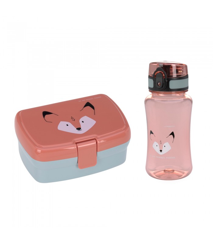 Conjunto Lassig Raposa: Lancheira lunchbox azul-escura com tabuleiro removível e garrafa de água a condizer.