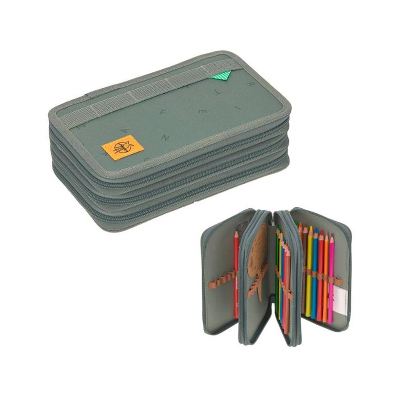 Estojo escolar Lassig Unique Collection aberto, mostrando os três compartimentos recheados com material escolar Eberhard Faber incluído.