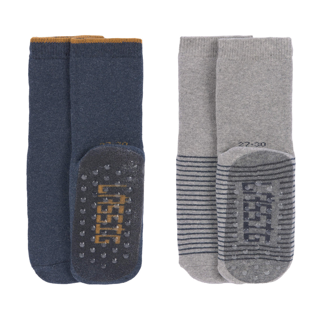 Dois pares de meias antiderrapantes Lassig, um azul-escuro e outro cinzento-claro, com solas de silicone visíveis e o logótipo da marca.