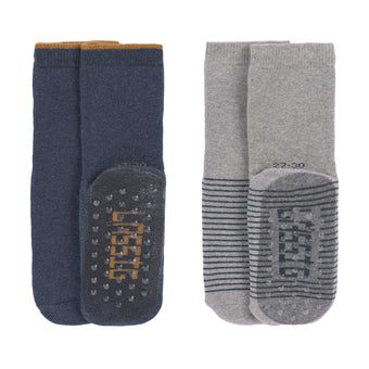 Meias antiderrapantes Lässig em tons de azul e cinza com sola de silicone.