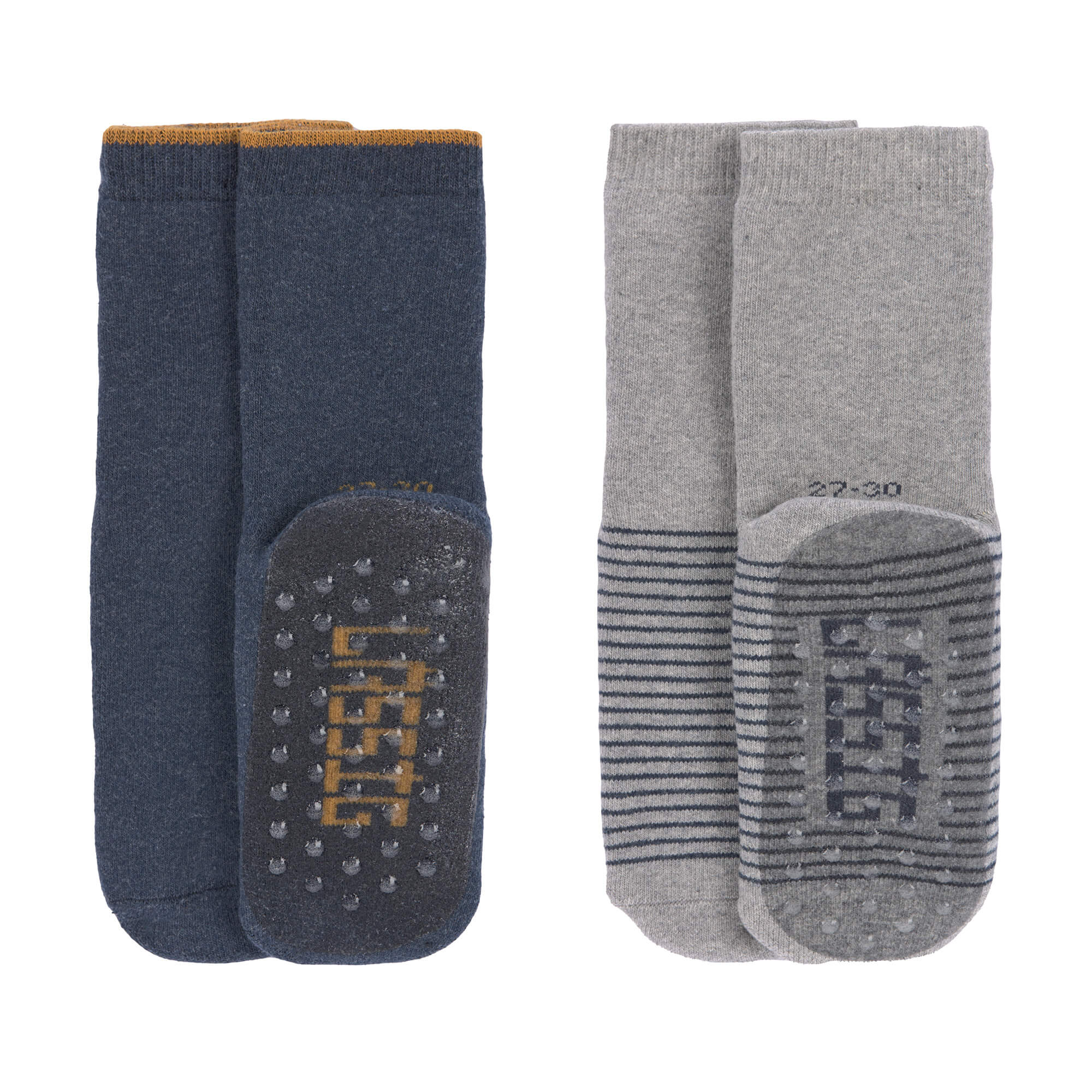 Meias antiderrapantes Lässig em tons de azul e cinza com sola de silicone.