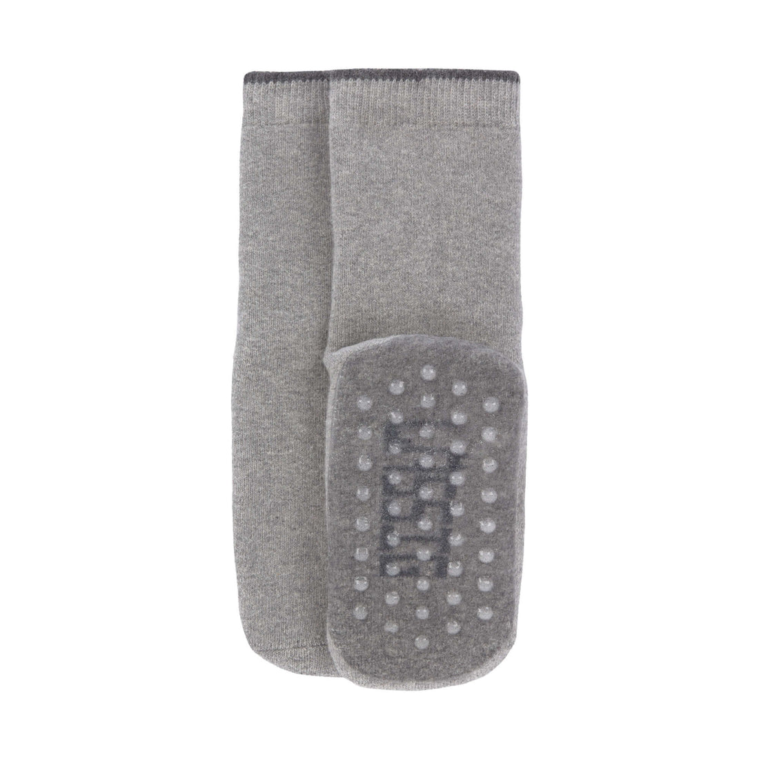 Conjunto de duas meias antiderrapantes Lassig, uma cinza e outra bege, com solas de silicone visíveis para segurança.