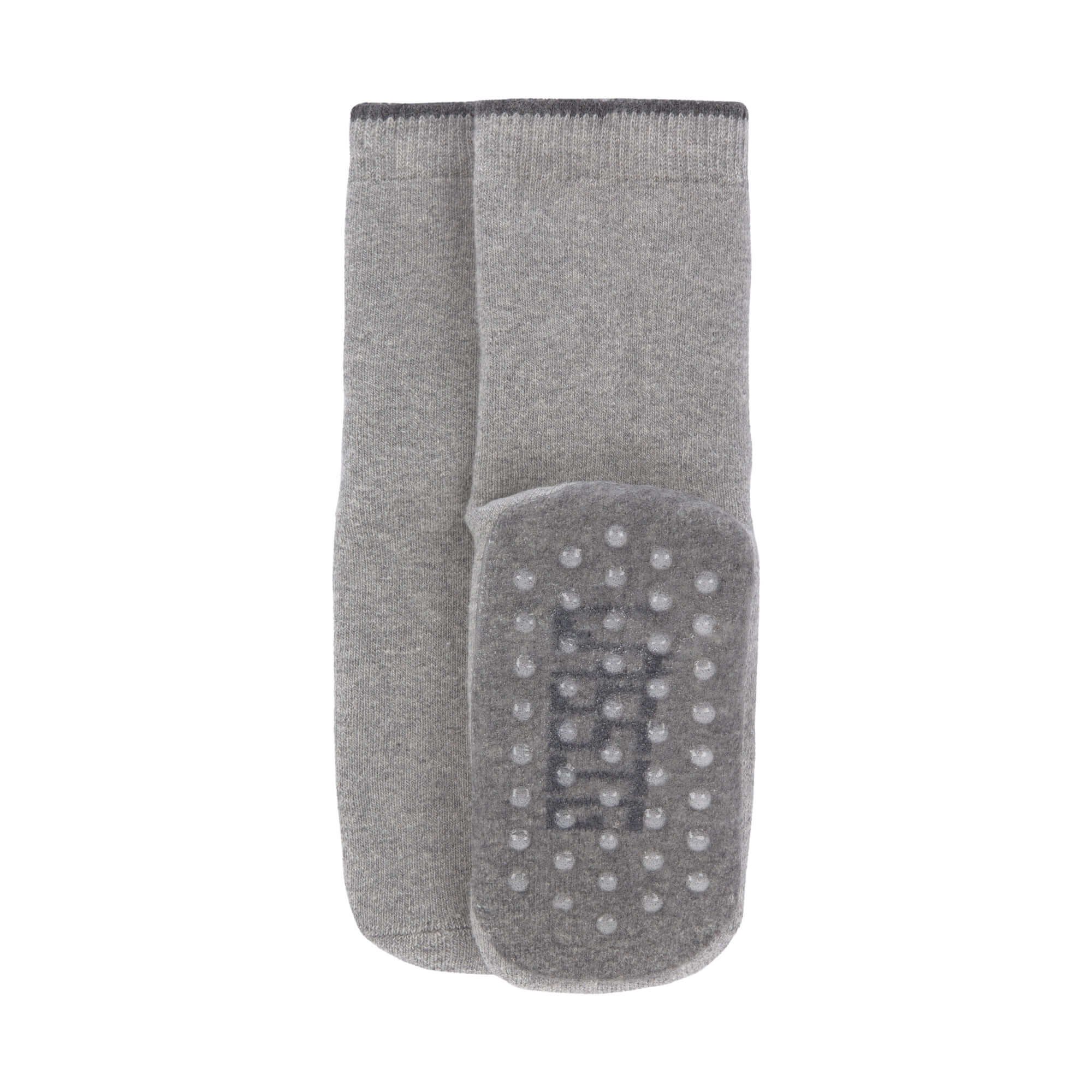 Meia antiderrapante Lassig cinza com sola de silicone detalhada, apresentada individualmente.