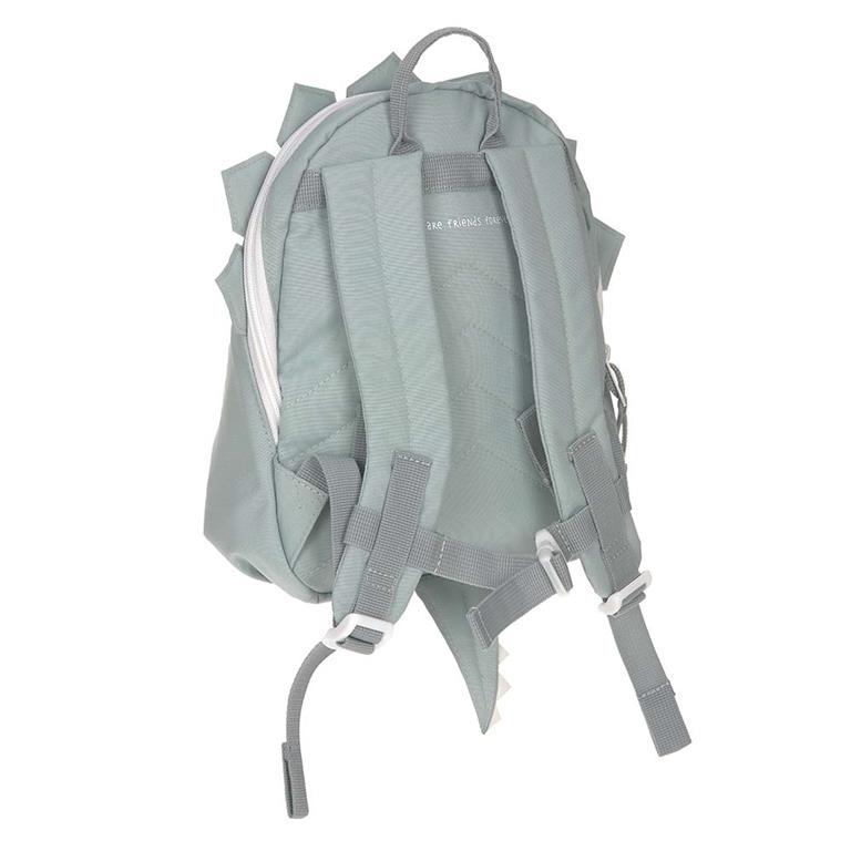 Mochila infantil Lässig Dino com alças ajustáveis e fita peitoral vista de trás.