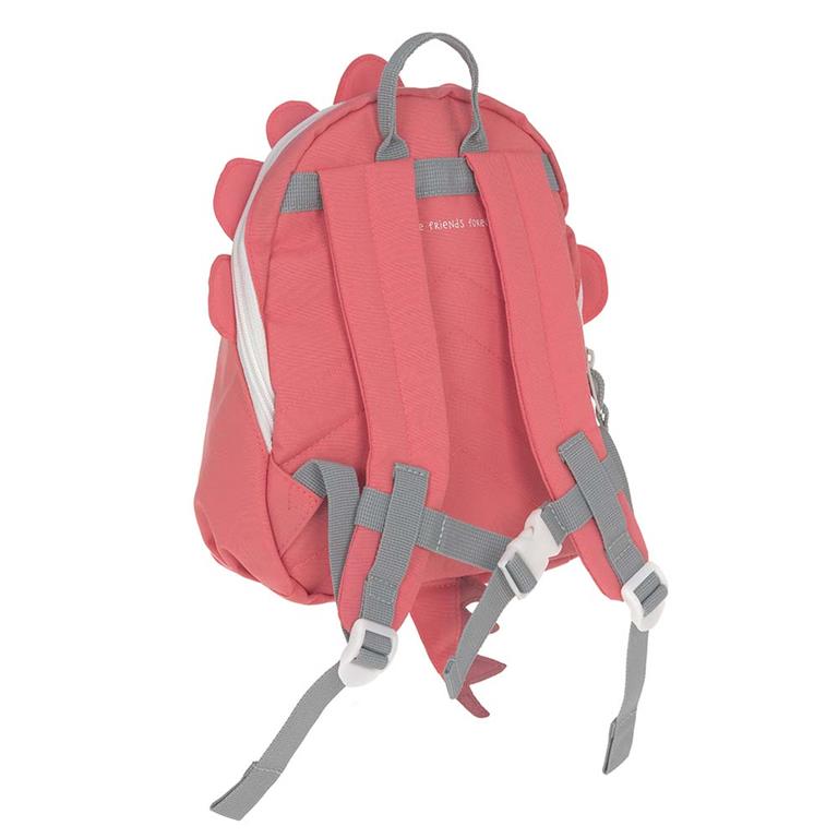 Mochila infantil Lässig Dino em rosa vista de trás com alças peitorais.