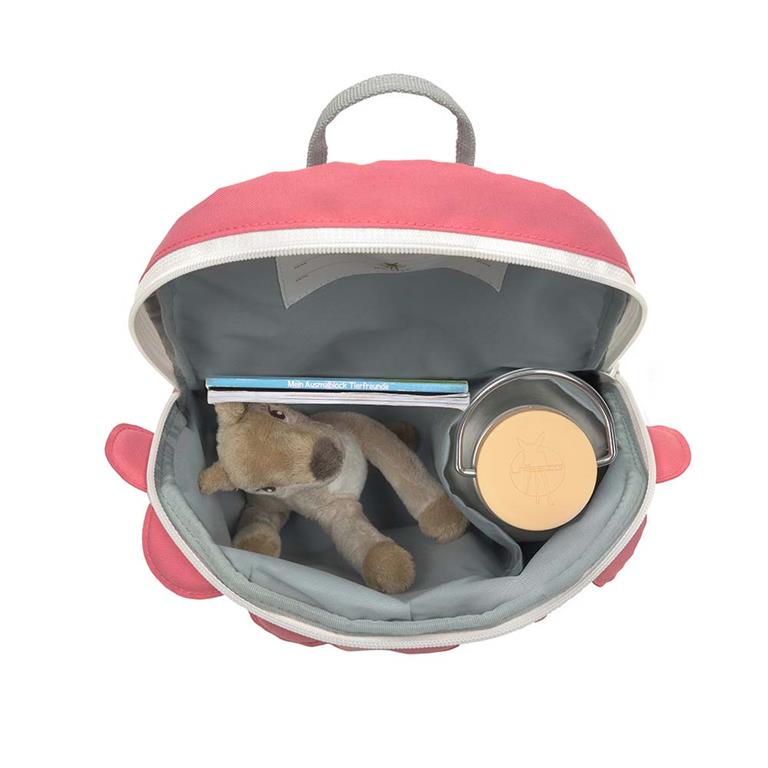 Interior da mochila infantil Lässig Dino rosa com garrafa e acessórios.