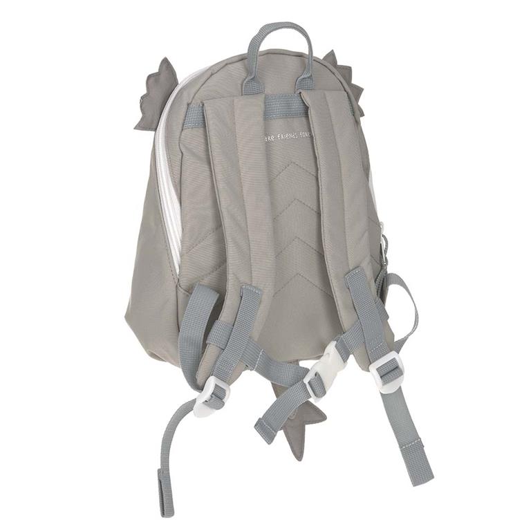 Detalhe do rosto sorridente do dragão em 3D na mochila infantil Lassig, evidenciando o design divertido.