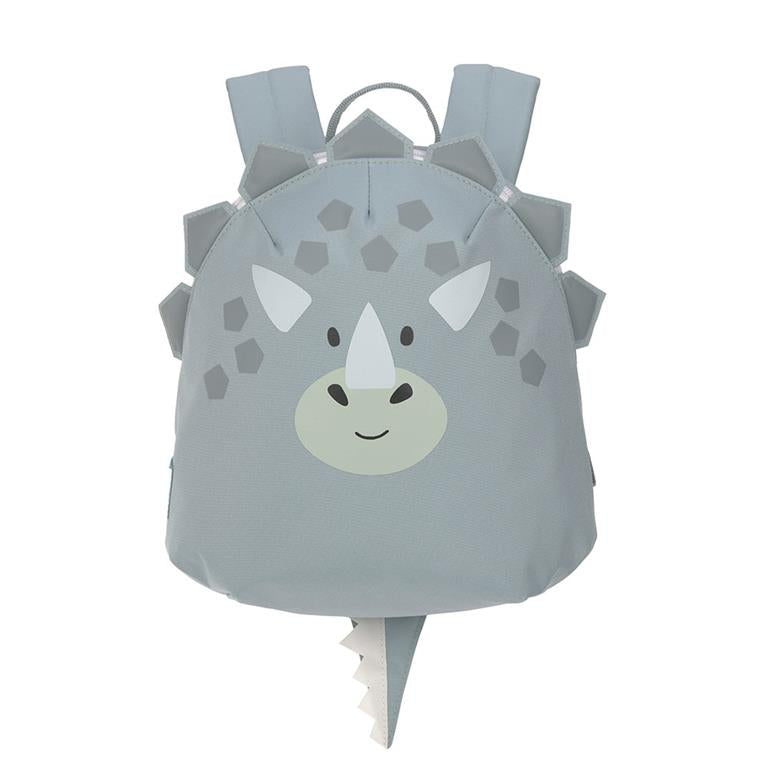 Mochila infantil Lassig About Friends Dino verde-água com rosto de dinossauro sorridente em 3D, ideal para pré-escolar.