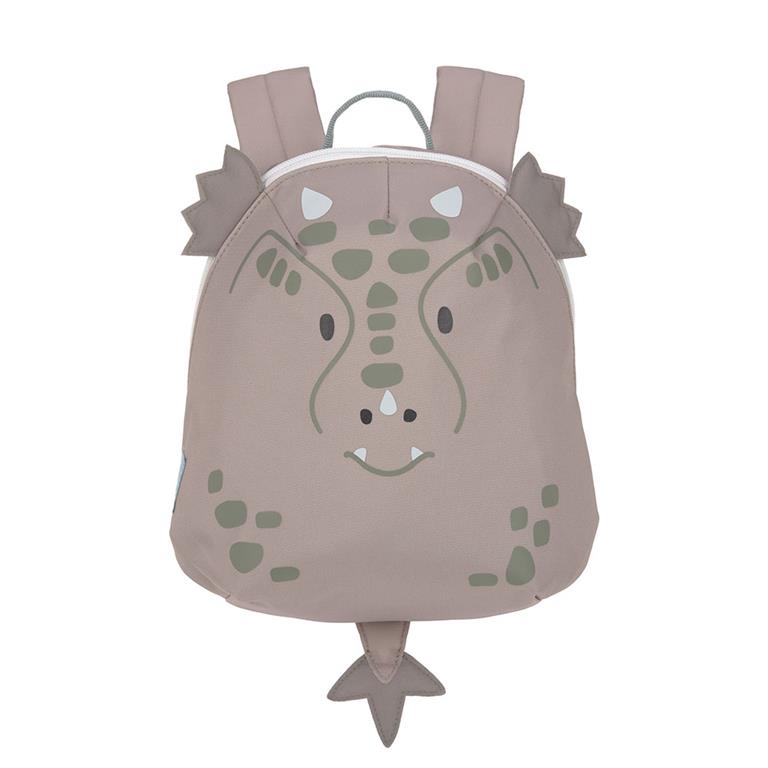 Mochila infantil Lassig mini About Friends Dragão verde, vista frontal, com alças ajustáveis e fecho de correr.