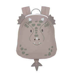 Mochila infantil Lassig mini About Friends Dragão verde, vista frontal, com alças ajustáveis e fecho de correr.