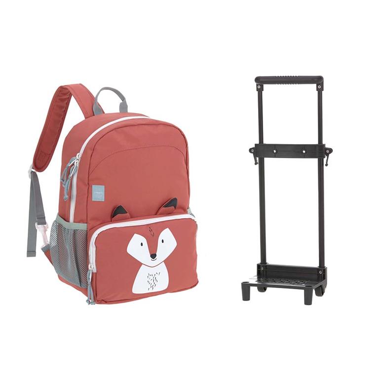 A mochila trolley Lassig com o chassis removível, mostrando a transformação de trolley para mochila escolar.