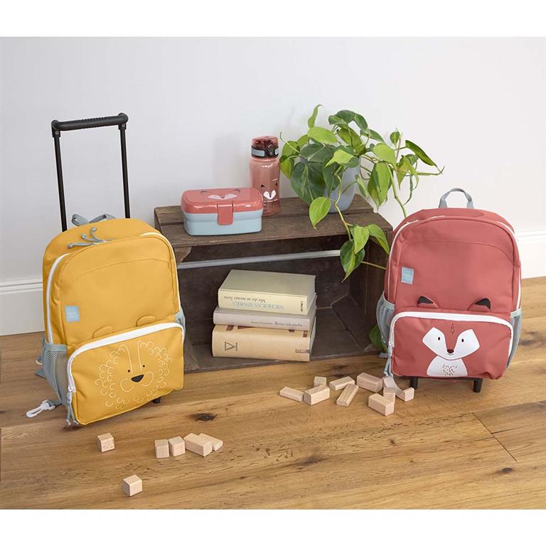 Lassig Mochila trolley infantil About Friends, azul com padrão de animais, vista frontal, com alça telescópica estendida.