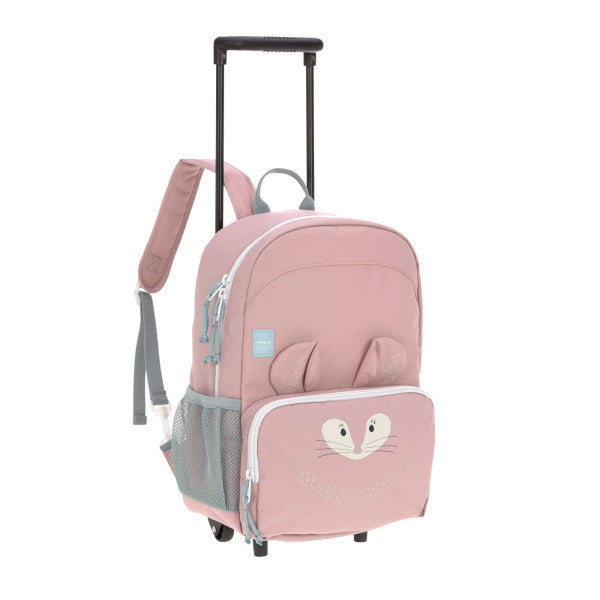 Mochila trolley infantil Lassig rosa com alças e puxador preto, apresentando um design de rosto de animal com orelhas.