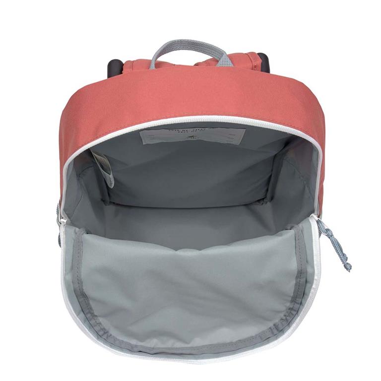 Detalhe da mochila trolley Lassig com rodas e pega telescópica estendida, pronta para ser puxada.