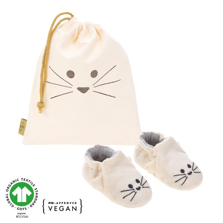 Pantufas Lassig para bebé em algodão orgânico (cor cinza/rato), com orelhas e focinho bordados. Ideal para recém-nascidos.