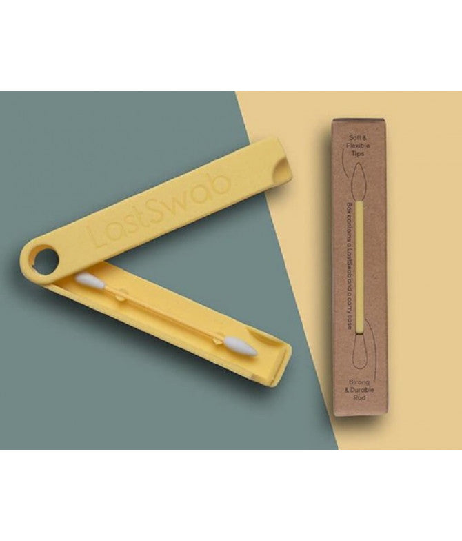 LastSwab Make Up amarelo inserido na sua caixa de transporte compacta, feita de material à base de milho, ideal para levar para qualquer lado.