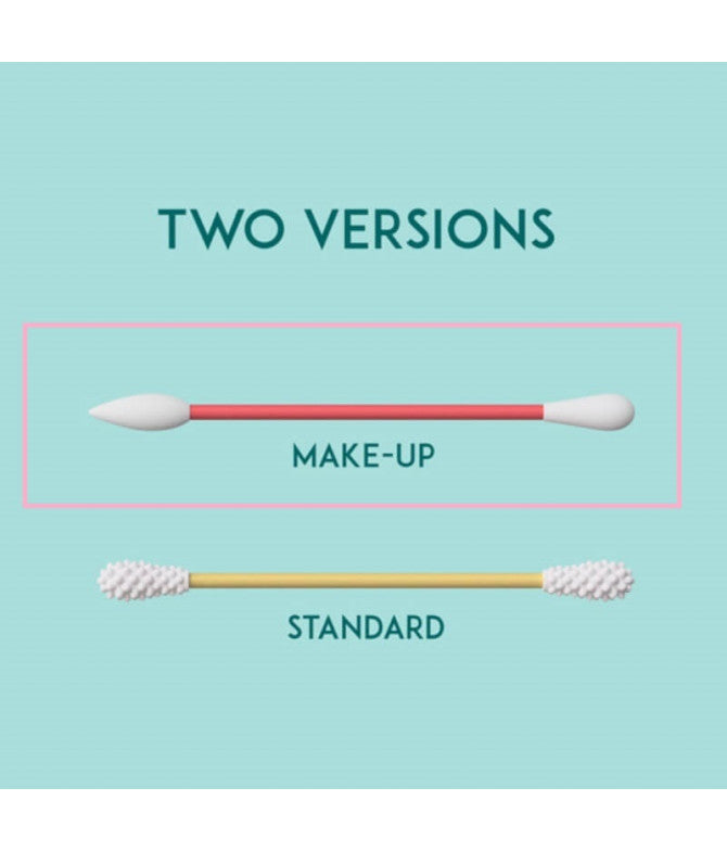 O cotonete reutilizável LastSwab Make Up amarelo ao lado de um cotonete de algodão descartável, destacando a alternativa ecológica e sustentável.