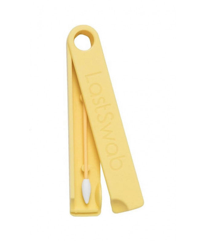 Cotonete reutilizável LastSwab Make Up amarelo, mostrando a ponta redonda e a ponta bicuda para retoques de maquilhagem.
