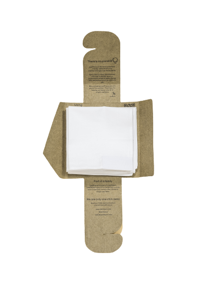 Gráfico ilustrativo do ciclo de reutilização dos lenços LastTissue: uso, armazenamento na caixa e lavagem na máquina.