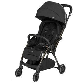 Carrinho Leclerc Magicfold Plus em perfil, destacando a suspensão de todas as rodas e a estrutura leve de alumínio (6,6kg).