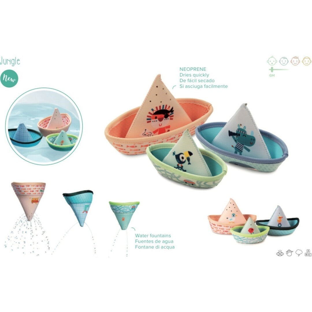 Imagem promocional dos barcos flutuadores Lilliputiens da coleção Selva, mostrando os diferentes designs e a função de fonte de água.