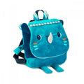 Mochila pré-escolar Lilliputiens Marius Rino, vista frontal, com o rosto sorridente do rinoceronte em tecido azul e detalhes em laranja.