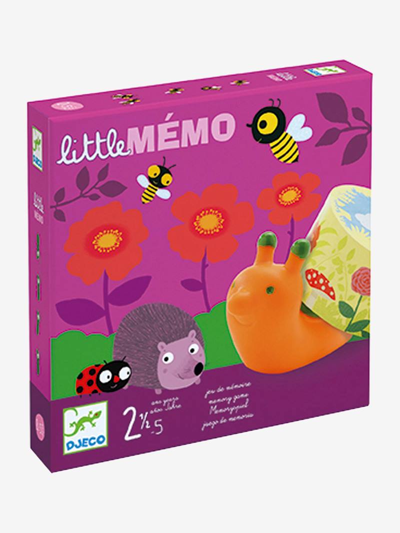 Caixa do jogo Djeco Little memo, com design vibrante e ilustrações de animais de jardim como abelhas, joaninha e ouriço, sobre fundo roxo.