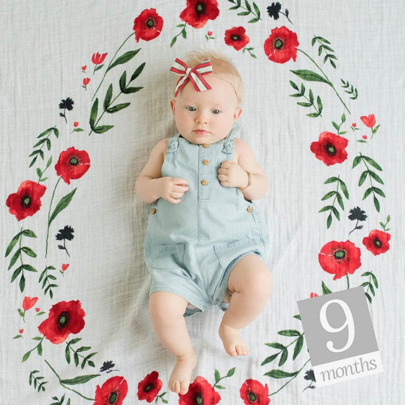 Muselina Little Unicorn de algodão, 120x120cm, com padrão de pinceladas em tons de verão, ideal como fundo para fotografia de bebé.