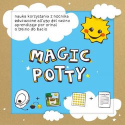Kit de desfralde Magic Potty Invented4kids com livro de cartão e autocolantes mágicos.