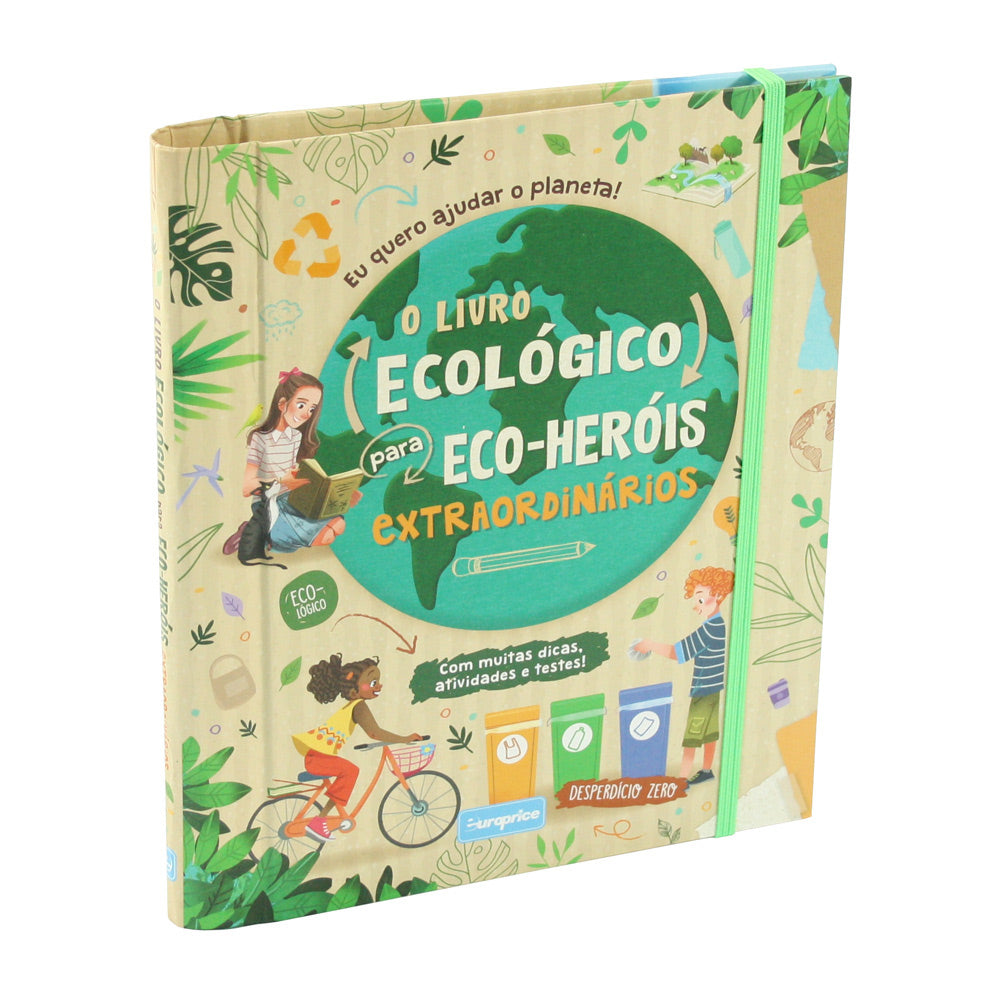 Capa do livro "O Livro Ecológico para Eco-Heróis Extraordinários", mostrando ilustrações de crianças envolvidas em atividades sustentáveis.
