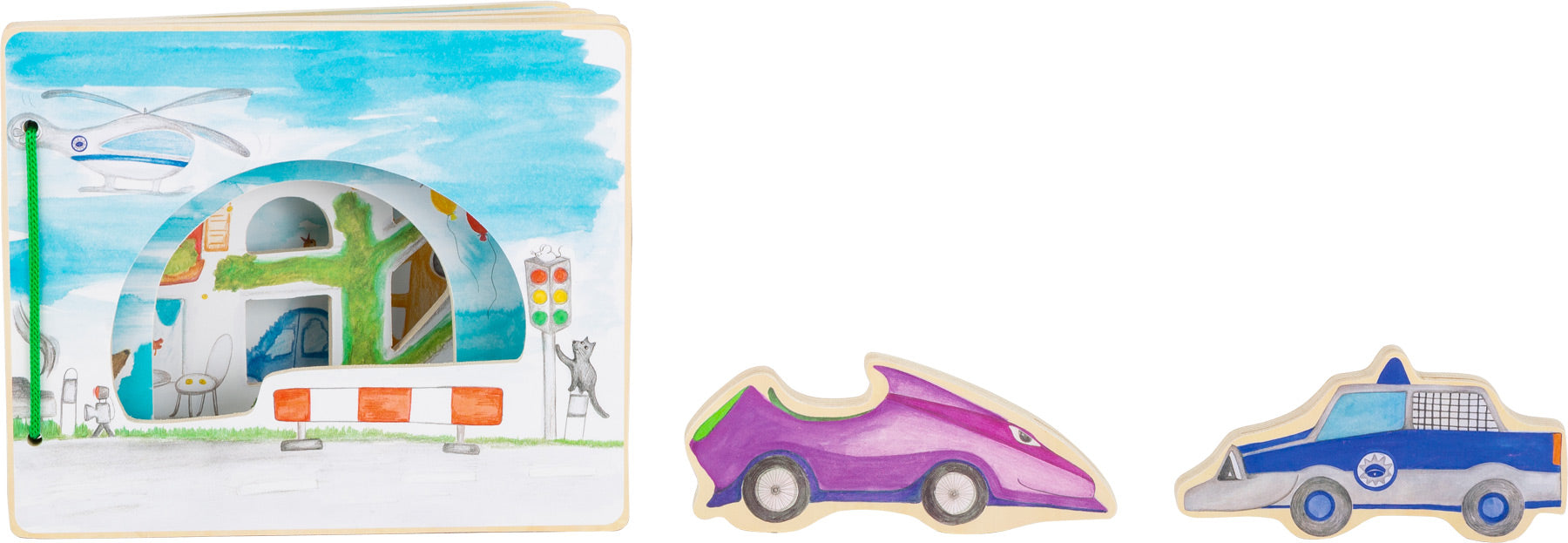 Página do livro mostrando uma cena de rua com um carro de polícia e um carro roxo.