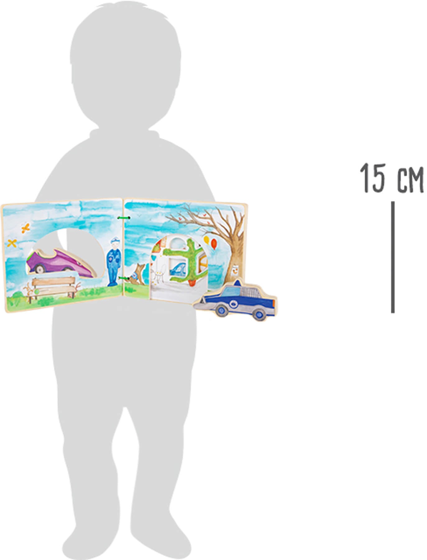 Imagem mostrando as dimensões do livro, com um modelo de criança segurando o livro.