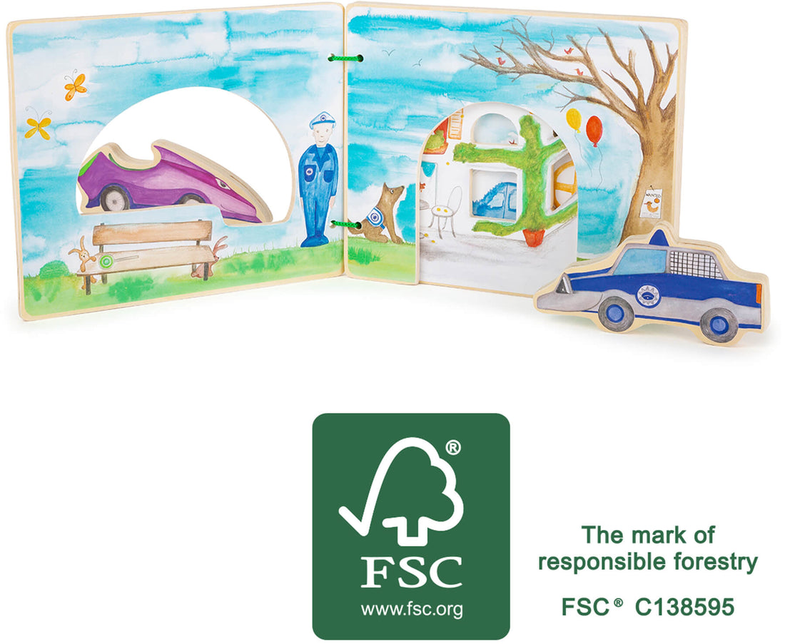 Livro interativo de madeira small foot "O Policia", mostrando as páginas abertas com ilustrações coloridas e peças de madeira moveis. Certificado FSC.