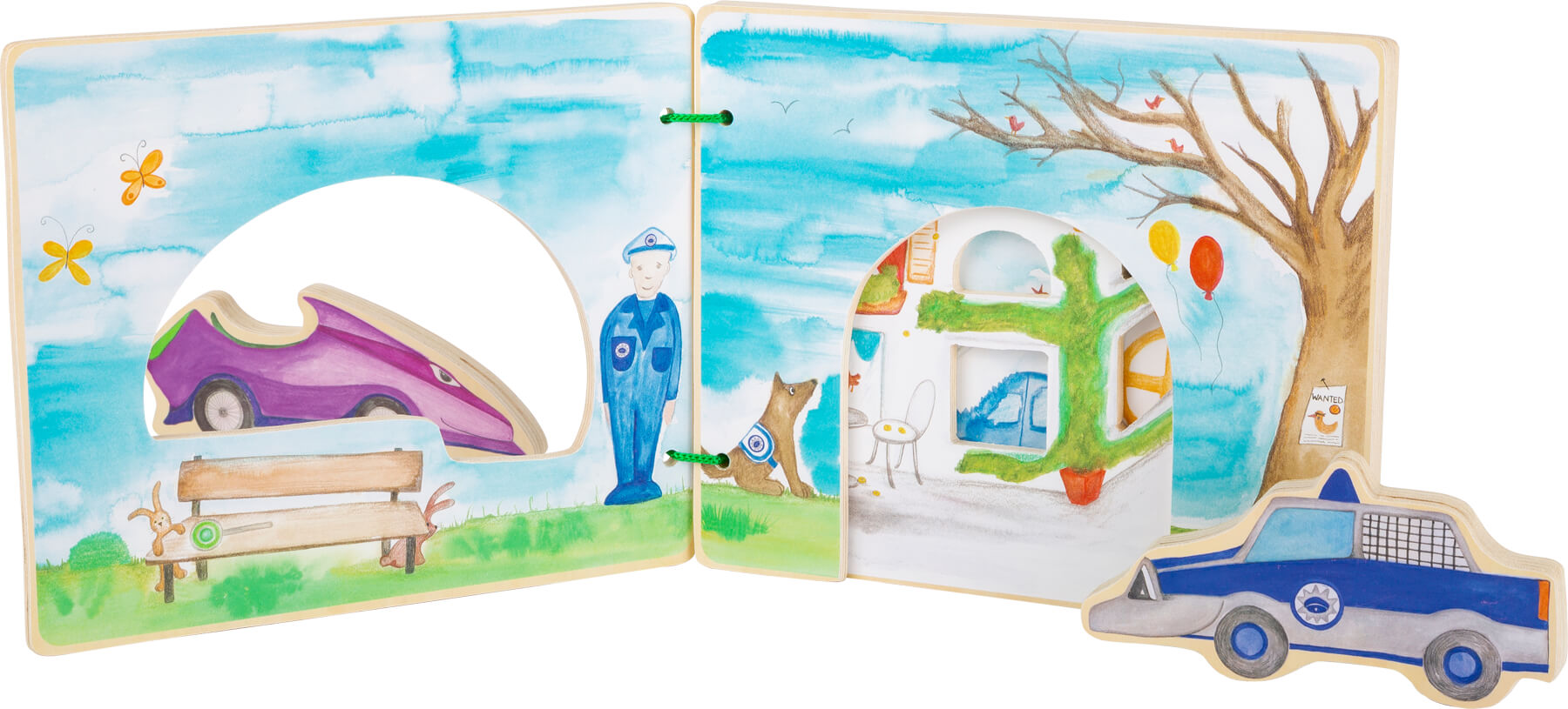 Livro interativo de madeira "O Policia" da small foot, aberto mostrando cenas coloridas e veículos de madeira com peças de velcro.