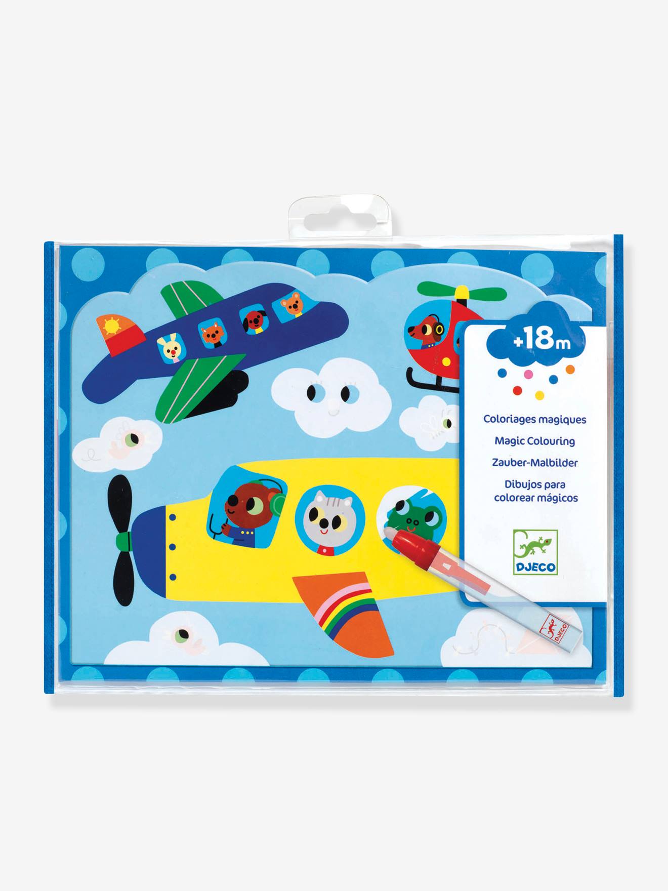 Embalagem do conjunto de livros e blocos para colorir mágico da Djeco com ilustrações de aviões
