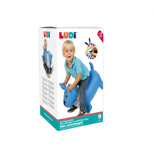 Bebé a segurar firmemente nas orelhas ergonómicas do cãozinho saltitante Ludi para se equilibrar.