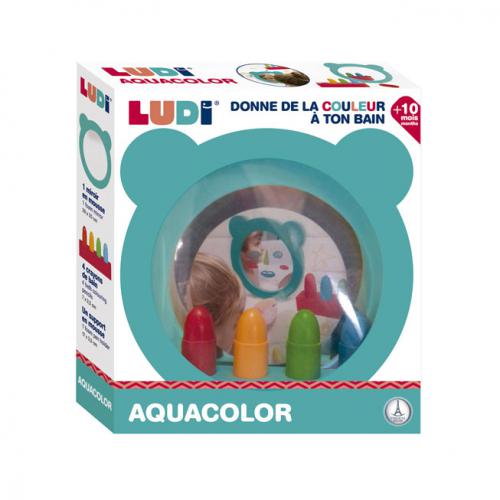 Caixa do conjunto Ludi Lápis para banho com espelho, mostrando o espelho em forma de urso e os lápis coloridos.