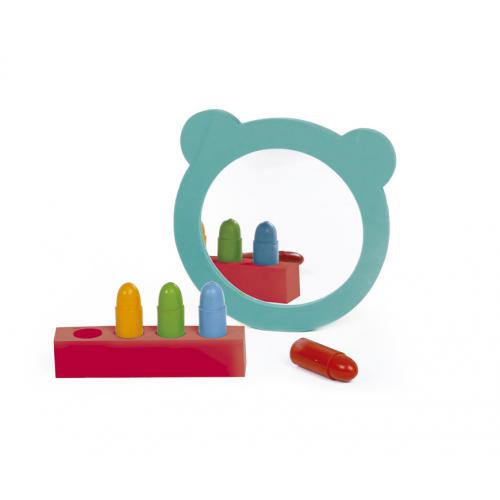 Caixa do conjunto Ludi Lápis para banho com espelho, mostrando o espelho em forma de urso e os lápis coloridos.