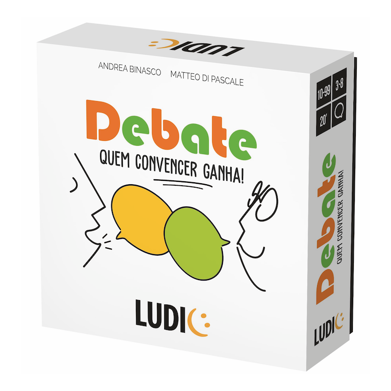 Caixa do jogo de tabuleiro "Debate" da Ludic, mostrando o título "Debate: Quem convencer ganha!" e a ilustração de dois balões de fala. Informação de 10-99 anos, 3-8 jogadores e 20 minutos.