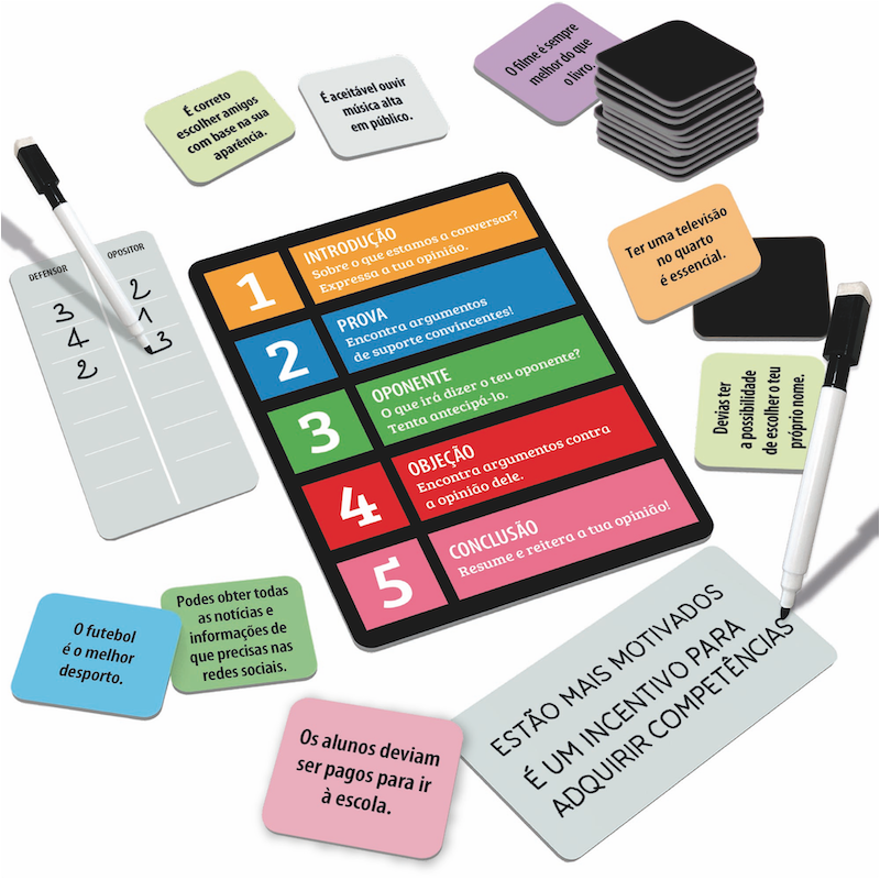 Componentes do jogo "Debate" espalhados: tabuleiro de pontuação, canetas, cartas com tópicos de debate ("O futebol é o melhor desporto", "Os alunos deviam ser pagos para ir à escola") e um painel explicativo das 5 fases do debate (Introdução, Prova, Oponente, Objeção, Conclusão).