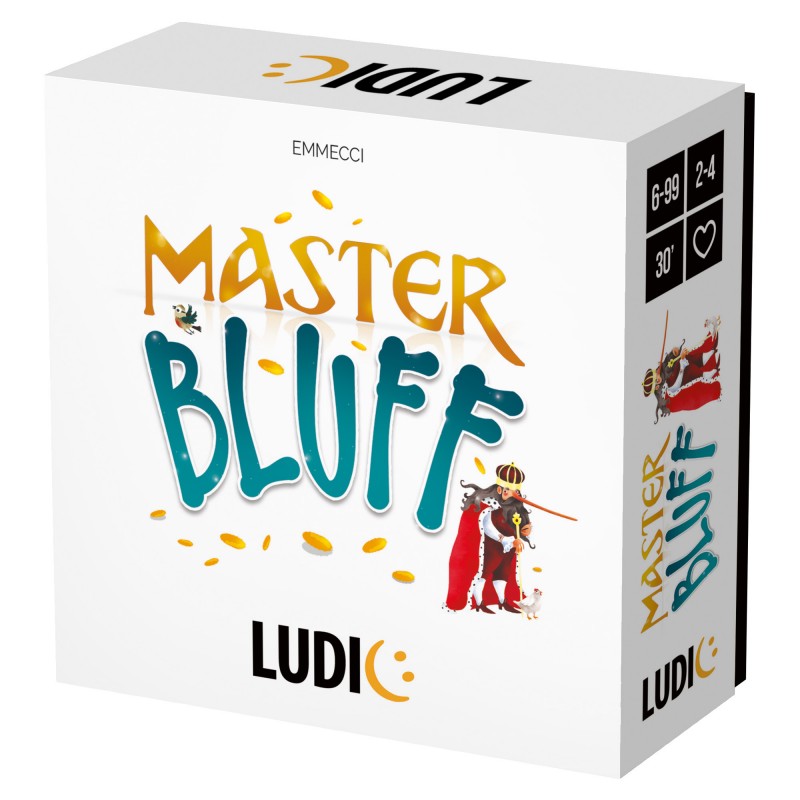 Imagem principal do jogo de cartas MasterBluff da Ludic, mostrando a caixa colorida com ilustrações de personagens de fantasia e o título do jogo em destaque.